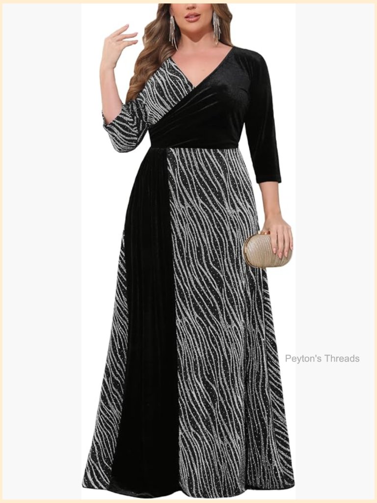 Plus Size Velvet Splice Maxi Dress 3/4 Sleeve V-Neck A-Line Sparkly Formal